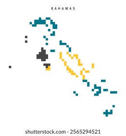 Bahamas pixel flag map icon. 8 bit pixel art Bahamian map covered with flag. Flat vector illustration isolated on white background.