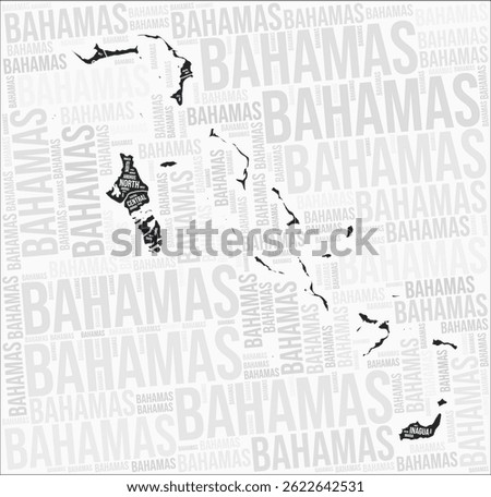 Bahamas regions map word cloud. Bahamas region names. Black and white map design. Amazing vector illustration.