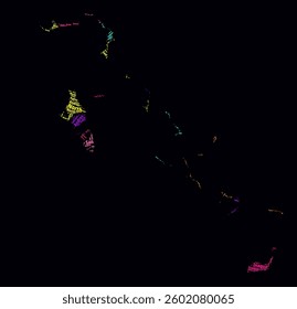 Bahamas Regions Word Clouds. Bright neon style design on dark background. Region names of the country in English language. Country shape with administrative division. Modern vector illustration.