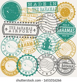 The Bahamas Set of Stamps. Travel Passport Stamps. Made In Product. Design Seals in Old Style Insignia. Icon Clip Art Vector Collection.