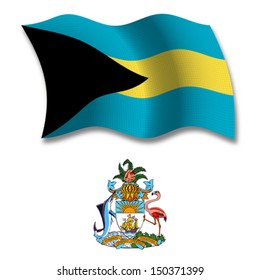 bahamas shadowed textured wavy flag and coat of arms against white background, vector art illustration, image contains transparency transparency