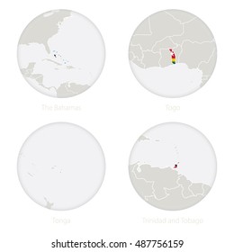 The Bahamas, Togo, Tonga, Trinidad and Tobago map contour and national flag in a circle. Vector Illustration.