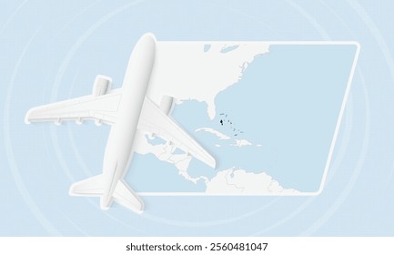 The Bahamas Travel Illustration with Plane and National Flag. Ideal for travel agencies, promotional materials, or geographic content related to The Bahamas.