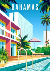 Bahamas Travel Poster. Beautiful Landscape With Houses, Hotels, Pool, Palms And Sea In The Background. Handmade Drawing Vector Illustration.