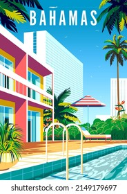 Bahamas travel poster. Beautiful landscape with houses, hotels, pool, palms and sea in the background. Handmade drawing vector illustration.