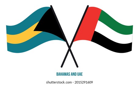 Bahamas and UAE Flags Crossed And Waving Flat Style. Official Proportion. Correct Colors.