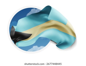 Bahamas, vector 3d flag against a blue sky, through a round hole on a white background