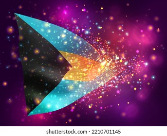 Bahamas, bandera vectorial 3d sobre fondo púrpura rosa con iluminación y bengalas