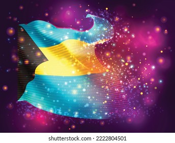 Bahamas, bandera vectorial 3d sobre fondo púrpura rosa con iluminación y bengalas
