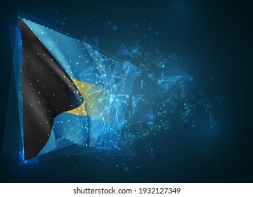 Bahamas, Vektorflagge, virtuelles abstraktes 3D-Objekt aus dreieckigen Polygonen auf blauem Hintergrund