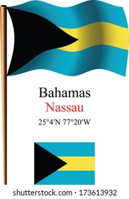 bahamas wavy flag and coordinates against white background, vector art illustration, image contains transparency