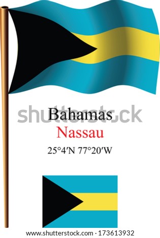 bahamas wavy flag and coordinates against white background, vector art illustration, image contains transparency