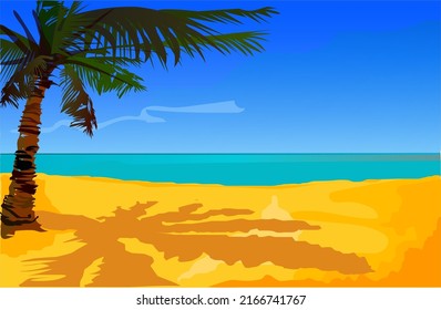 Bahamian beach, travel, vacation on yellow sand, poster, beautiful landscape with wildlife, palm trees and the sea in the background, vector illustration.