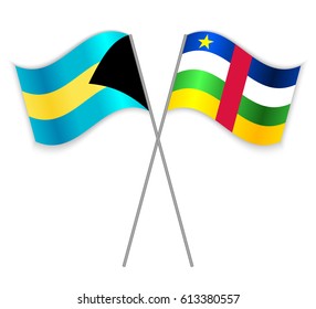 Bahamian and Central African crossed flags. Bahamas combined with Central African Republic isolated on white. Language learning, international business or travel concept.