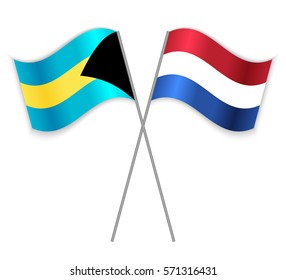 Bahamian and Dutch crossed flags. Bahamas combined with Netherlands isolated on white. Language learning, international business or travel concept.