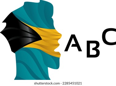 Bahamian head of a man pronounces the alphabet. Icon of the School of Foreign Languages in Bahamas. Vector template for educational institutions.