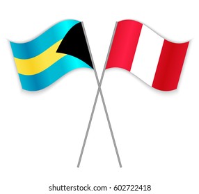 Bahamian and Peruvian crossed flags. Bahamas combined with Peru isolated on white. Language learning, international business or travel concept.