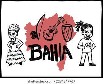 Bahia, Brazilian state. Northeast of Brazil, with map and characters.