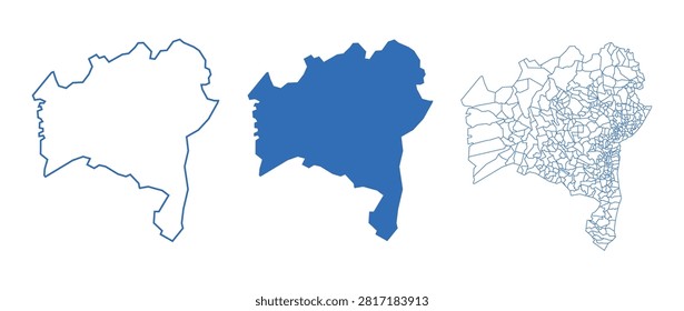Bahia State Map with All Municipalities Blue Solid Vector Illustration of Brazil