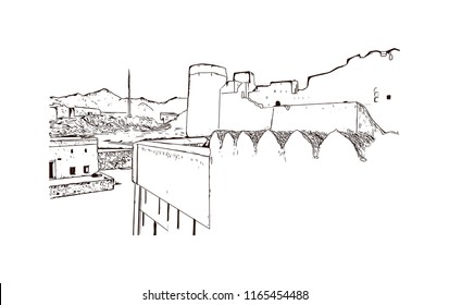 Bahla Fort is one of four historic fortresses situated at the foot of the Djebel Akhdar highlands in Oman. Hand drawn sketch illustration in vector.