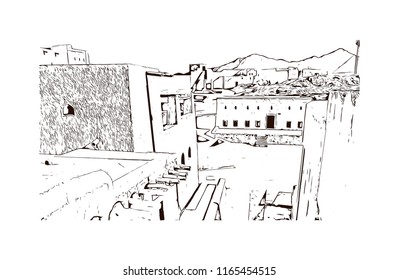 Bahla Fort is one of four historic fortresses situated at the foot of the Djebel Akhdar highlands in Oman. Hand drawn sketch illustration in vector.