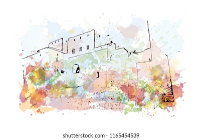 Bahla Fort is one of four historic fortresses situated at the foot of the Djebel Akhdar highlands in Oman. Watercolor splash with hand drawn sketch illustration in vector.