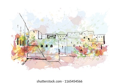 Bahla Fort is one of four historic fortresses situated at the foot of the Djebel Akhdar highlands in Oman. Watercolor splash with hand drawn sketch illustration in vector.