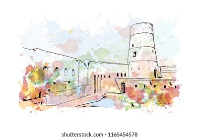 Bahla Fort is one of four historic fortresses situated at the foot of the Djebel Akhdar highlands in Oman. Watercolor splash with hand drawn sketch illustration in vector.