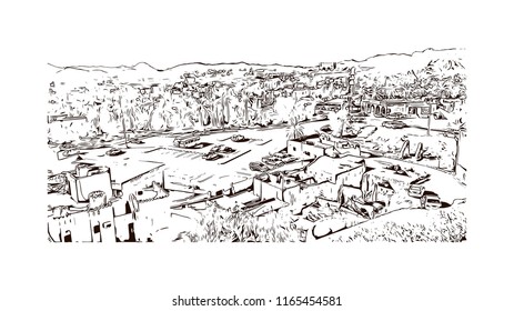 Bahla Fort is one of four historic fortresses situated at the foot of the Djebel Akhdar highlands in Oman. Hand drawn sketch illustration in vector.