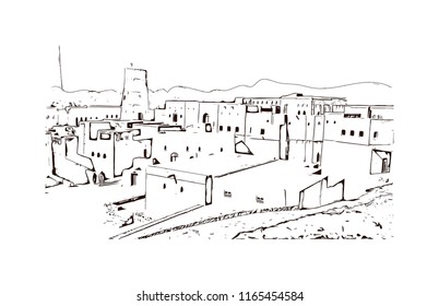 Bahla Fort is one of four historic fortresses situated at the foot of the Djebel Akhdar highlands in Oman. Hand drawn sketch illustration in vector.