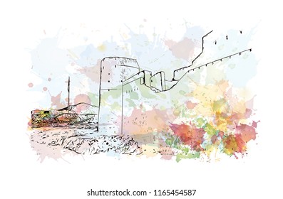 Bahla Fort is one of four historic fortresses situated at the foot of the Djebel Akhdar highlands in Oman. Watercolor splash with hand drawn sketch illustration in vector.