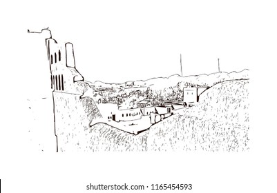 Bahla Fort is one of four historic fortresses situated at the foot of the Djebel Akhdar highlands in Oman. Hand drawn sketch illustration in vector.