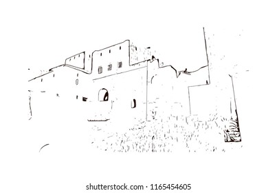 Bahla Fort is one of four historic fortresses situated at the foot of the Djebel Akhdar highlands in Oman. Hand drawn sketch illustration in vector.