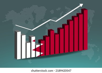 Bahrain 3D bar chart graph with ups and downs, increasing values, Bahrain country flag on 3D bar graph, upward rising arrow on data, news banner idea, developing country concept