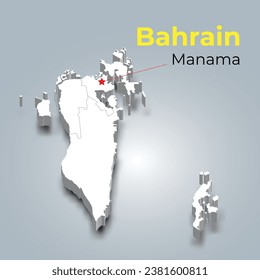 Bahrain 3d map with borders of regions and it’s capital