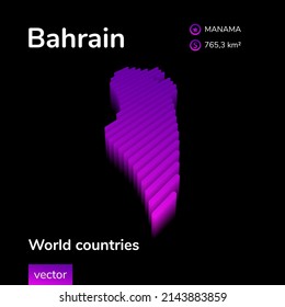Mapa 3D de Bahréin. El mapa del vector isométrico del neón estilizado a rayas de Bahréin está en colores violeta y rosa sobre fondo negro. Bandera educativa