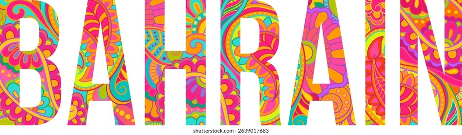 Bahrain abstract country name. Text title filled with multicolor doodle pattern