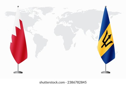 Bahrain and Barbados flags for official meeting against background of world map.