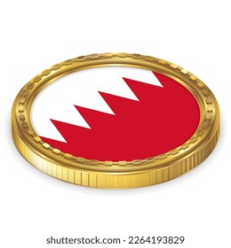 Bahrain (BH) National Flag Round Icon 2.5D Isometric Projection View Gold Coin Isolated on White Background