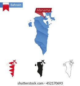 Bahrain blue Low Poly map with capital Manama, versions with flag, black and outline. Vector Illustration.