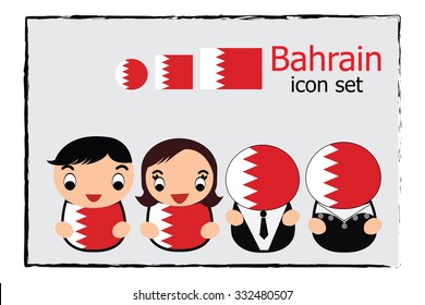 Bahrain boy, girl, businessman, business women cartoon vector illustration and Bahrain  round square and normal flag icon set
