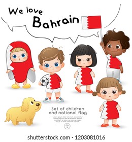 Bahrain : Boys and girls holding flag and wearing shirts with national flag print : Vector Illustration