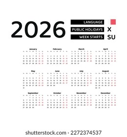 Bahrain Calendar 2026. Week starts from Sunday. Vector graphic design. English language.