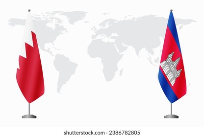 Bahrain and Cambodia flags for official meeting against background of world map.