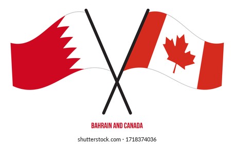 Bahrain und Kanada Flaggen überquert und schwingen Flat Style. Offizieller Anteil. Korrigieren Sie Farben.