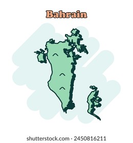 Icono de mapa de colores de caricatura de Bahréin en estilo cómico. Pictograma de ilustración de Country. La geografía de la nación salpica el concepto de negocios.