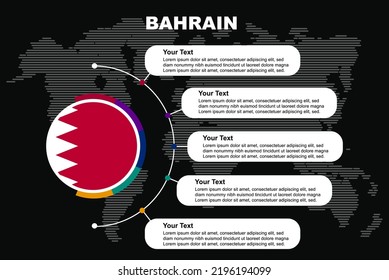 Bahrain circle infographic with information text spaces, black background with world map, Bahrain circle country flag, presentation graphic idea, info and data template for countries