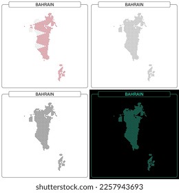 Mapa de puntos de ladrillo mosaico circular de Bahréin, conjunto de colores de bandera nacional, frontera del país de silueta negra aislada en fondo blanco, ilustración de vector geográfico