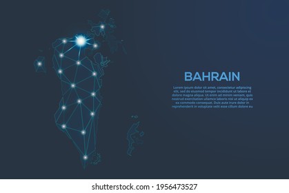 Bahrain communication network map. Vector low poly image of a global map with lights in the form of cities. Map in the form of a constellation, mute and stars