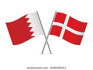 Bahrain and Denmark crossed flags. Bahraini and Danish flags on a white background. Vector icon set. Vector illustration.